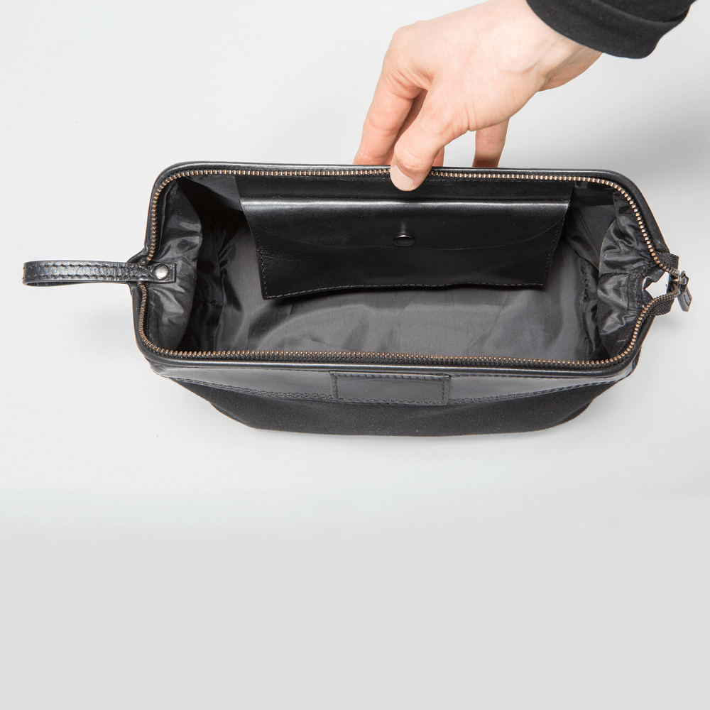 Toiletry Bag - Striga Men's Toiletry Bag - Black Canvas & Leather